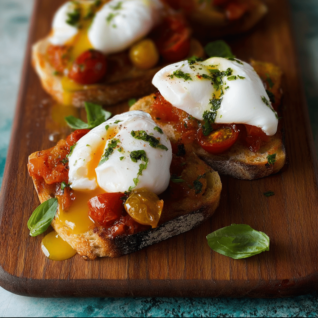 Tomato Crostini with Poached Eggs