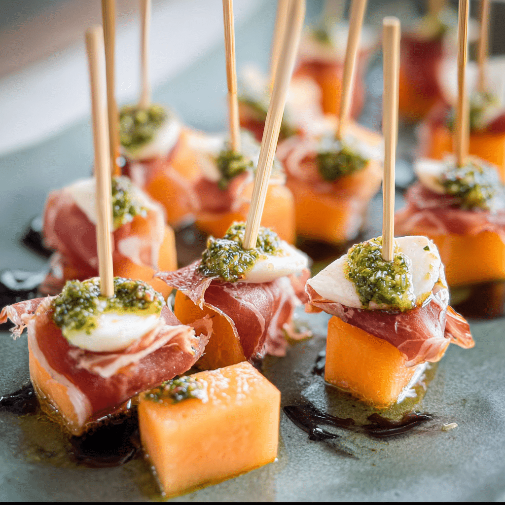 Cantaloupe Prosciutto Skewers with Pesto