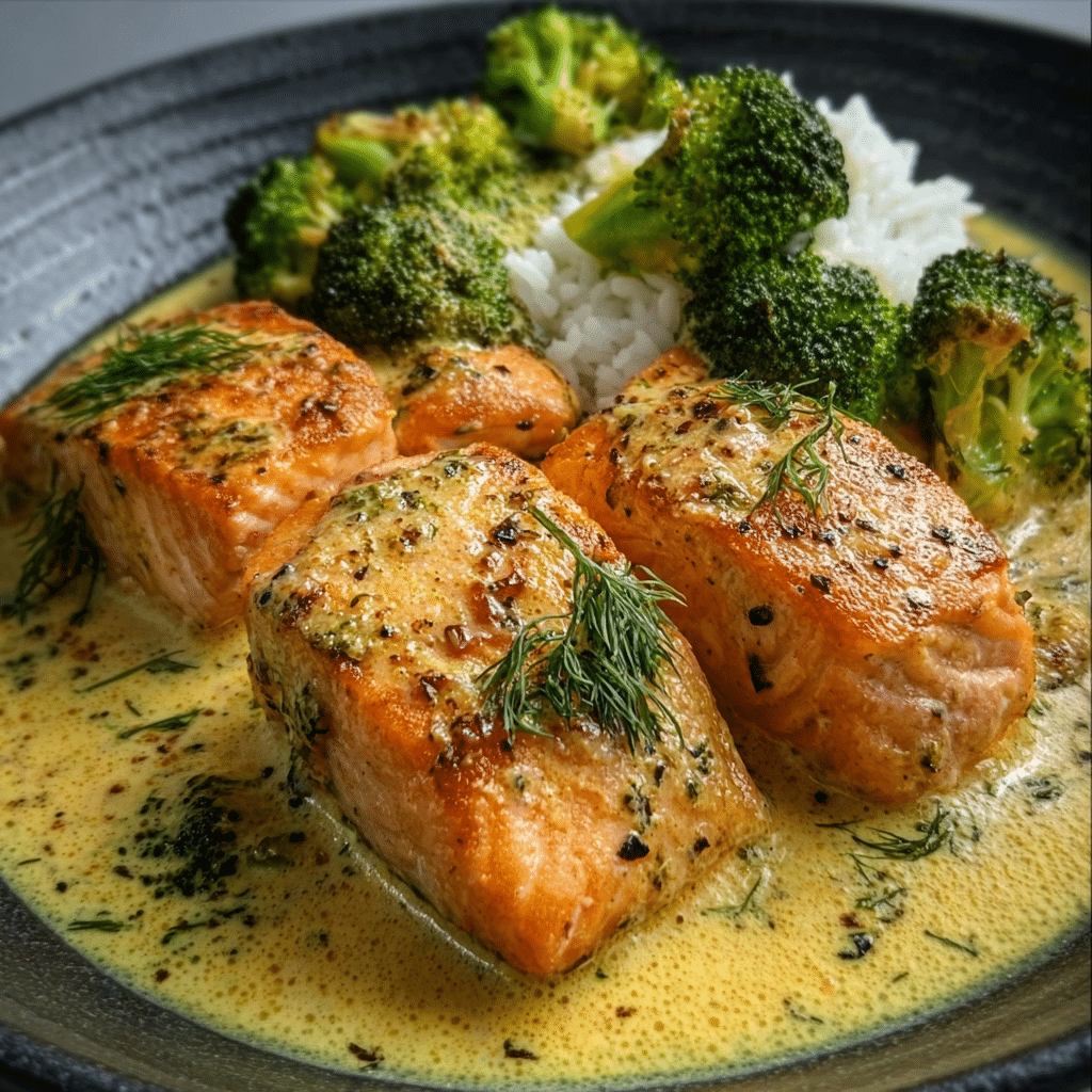 Creamy Coconut Curry Salmon with Tender Broccoli