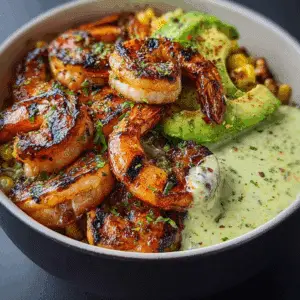 Grilled Shrimp Bowl with Avocado and Creamy Garlic Sauce