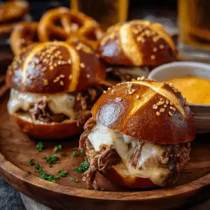 Pumpkin Beer Brisket Melts with Pretzel Buns