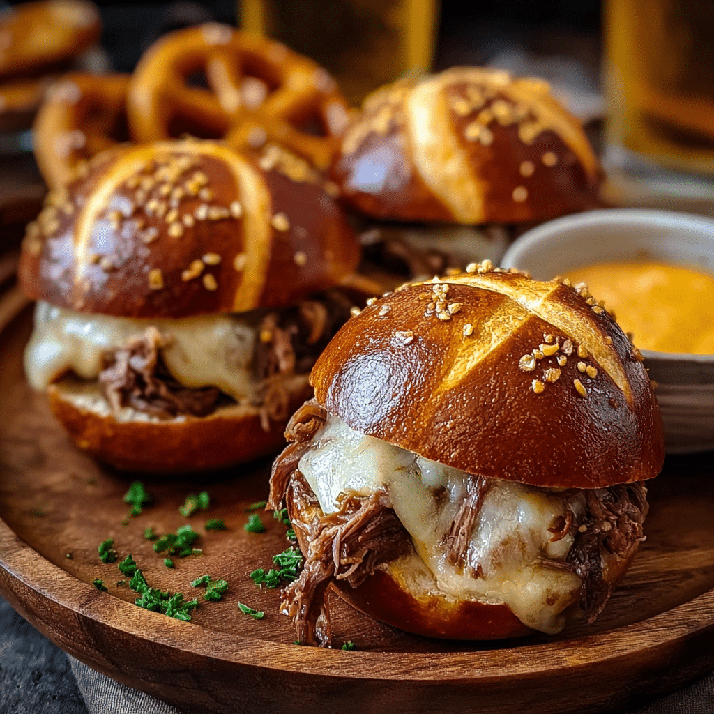 Pumpkin Beer Brisket Melts with Pretzel Buns