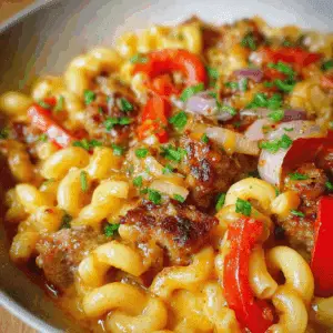 Sausage Mac and Cheese with Peppers and Onions