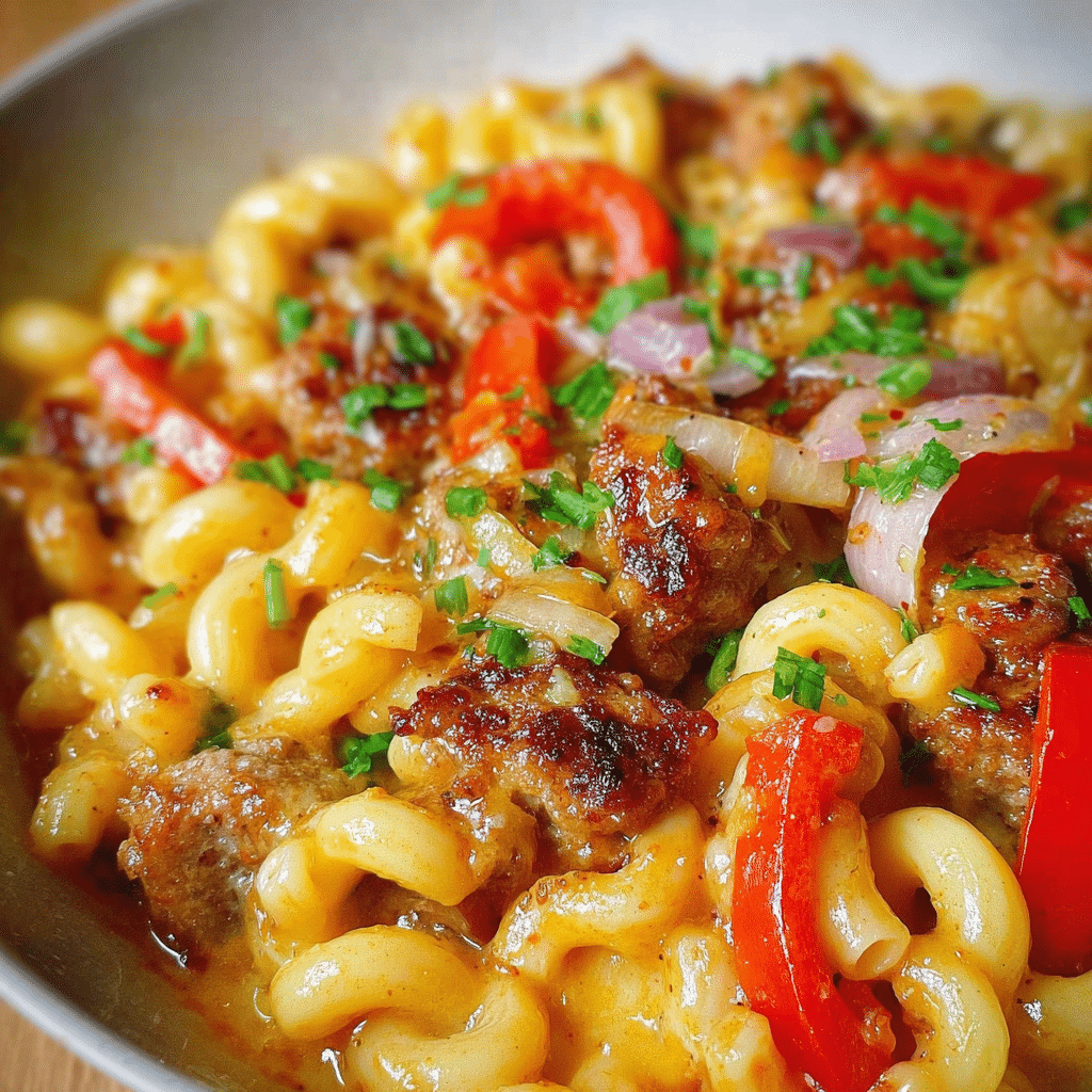 Sausage Mac and Cheese with Peppers and Onions