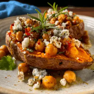 Slow Roasted Sweet Potatoes with Spicy Chickpeas and Blue Cheese