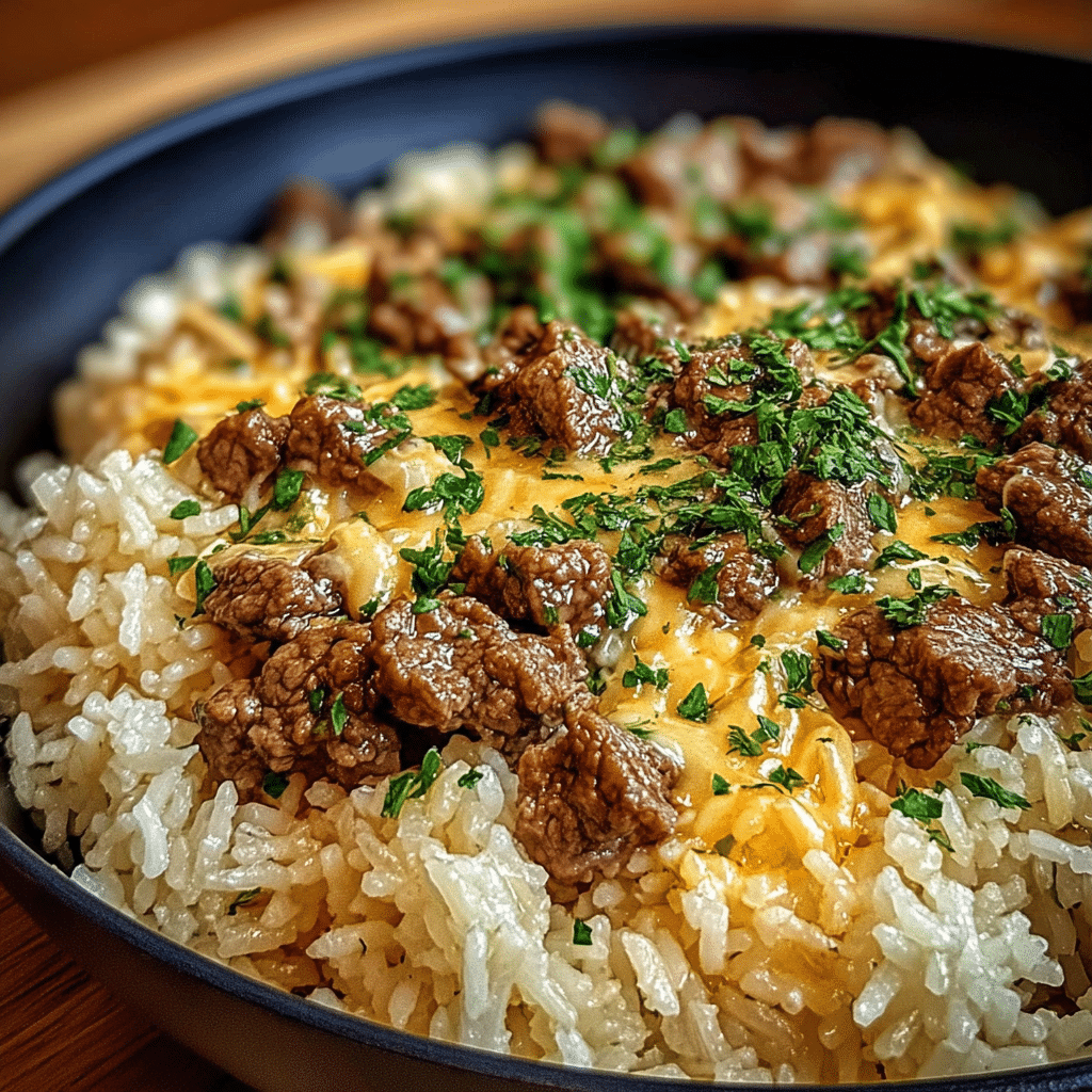 Creamy Garlic Butter Beef and Rice Skillet