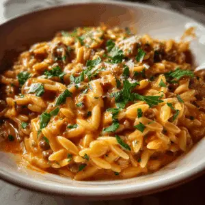 Creamy Ground Beef Orzo with Tomato Cream Sauce