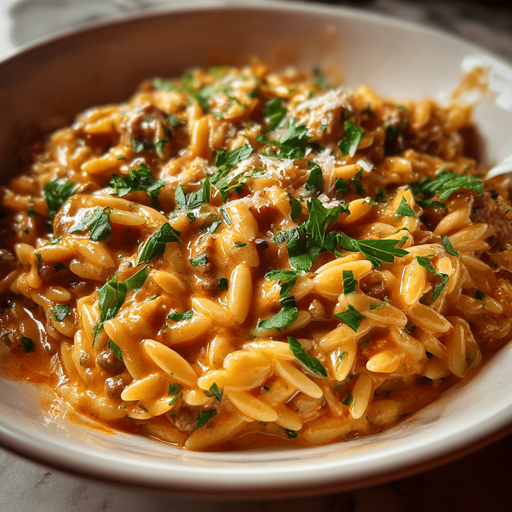 Creamy Ground Beef Orzo with Tomato Cream Sauce